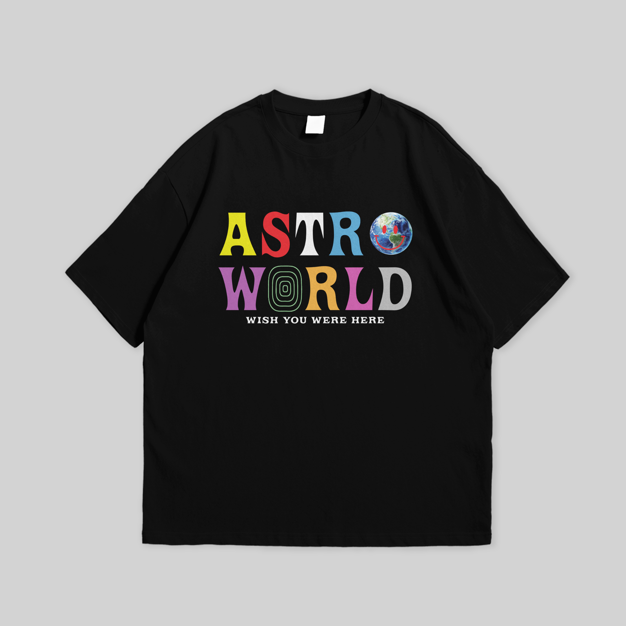 A black unisex T-shirt with colorful ASTROWORLD and WISH YOU WERE HERE text, perfect for a trendy and casual look, available in various sizes.