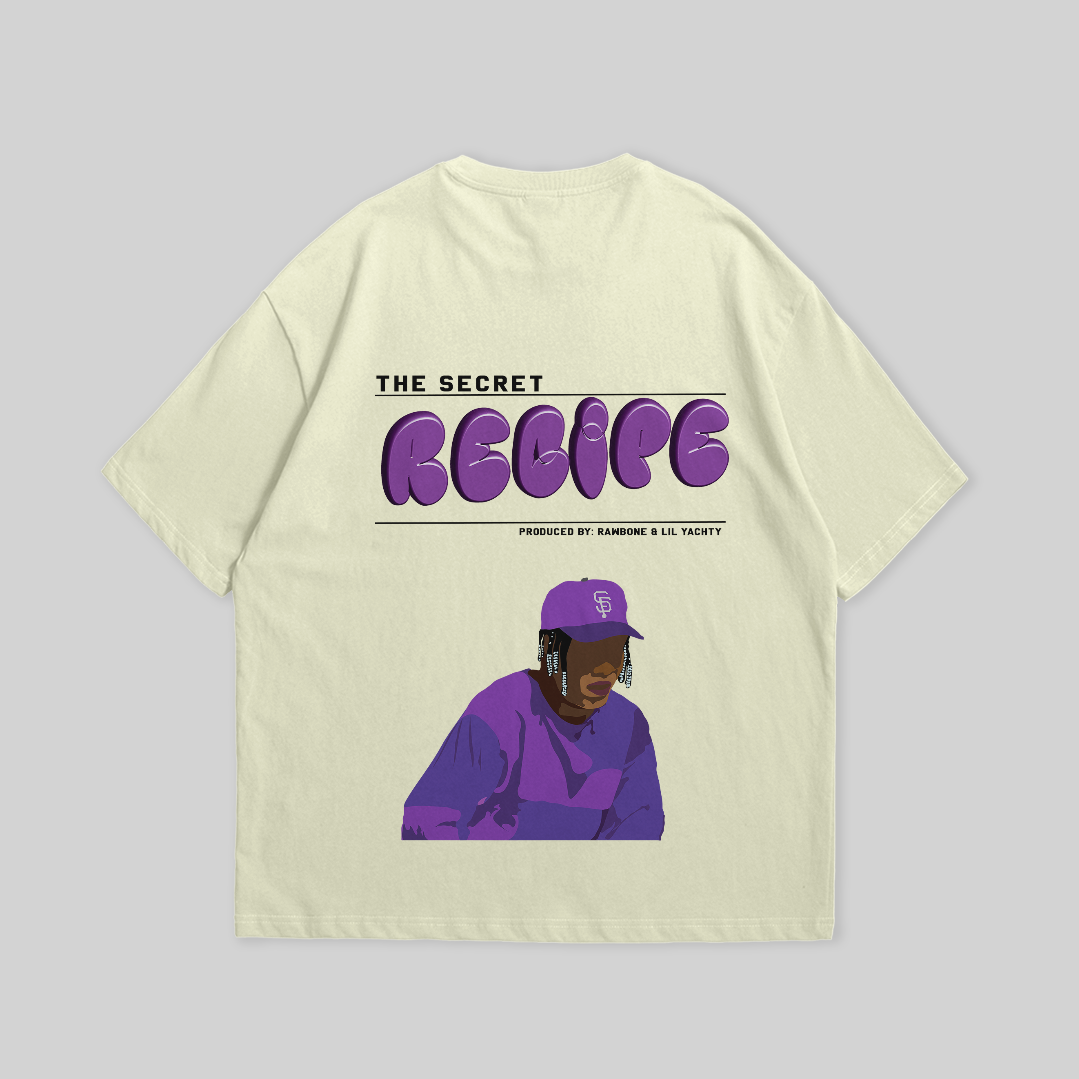 A stylish unisex cream-colored t-shirt featuring a vibrant purple graphic of ‘The Secret Recipe’ and an artistic illustration, perfect for casual wear.