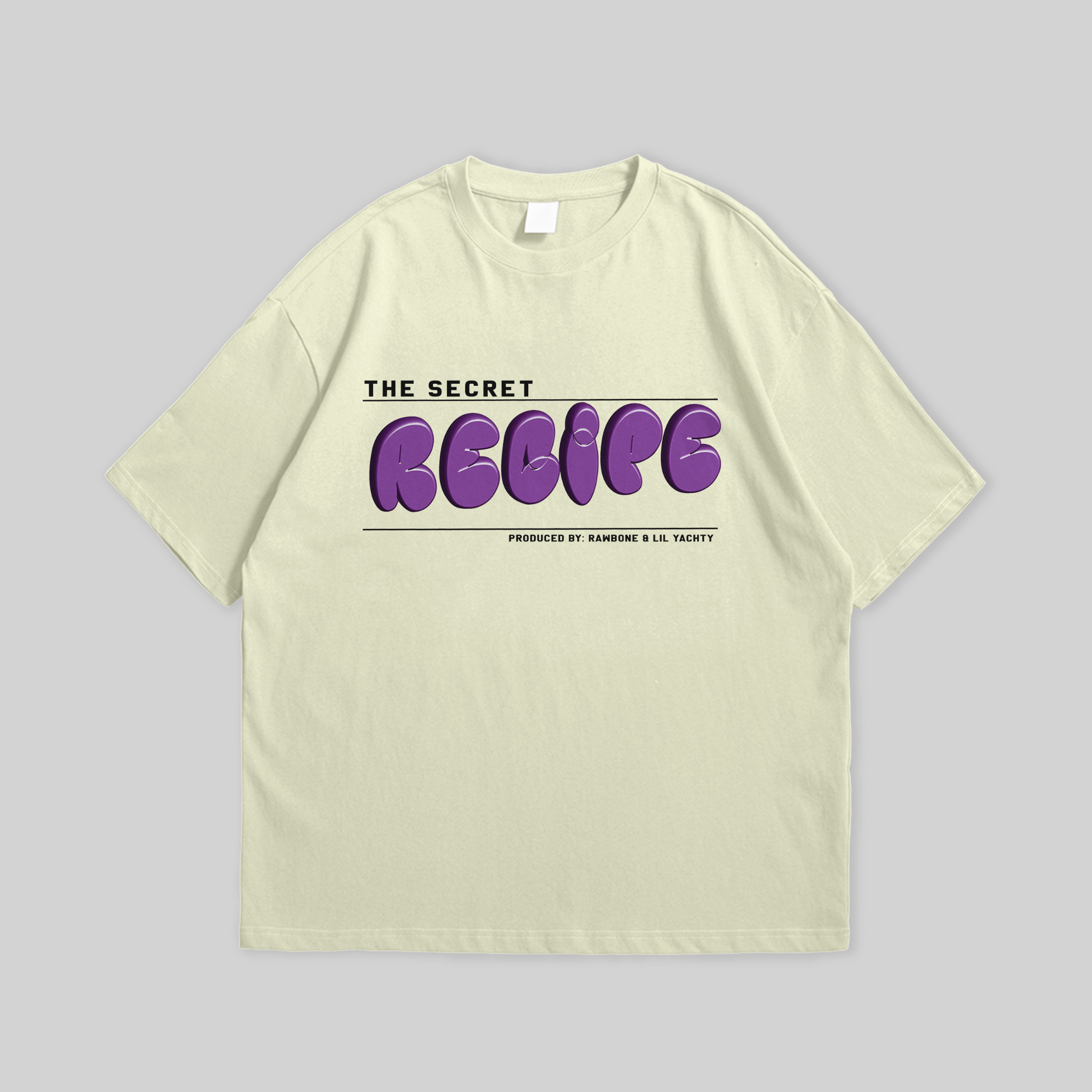 A stylish unisex cream-colored t-shirt featuring a vibrant purple graphic of ‘The Secret Recipe’ and an artistic illustration, perfect for casual wear.