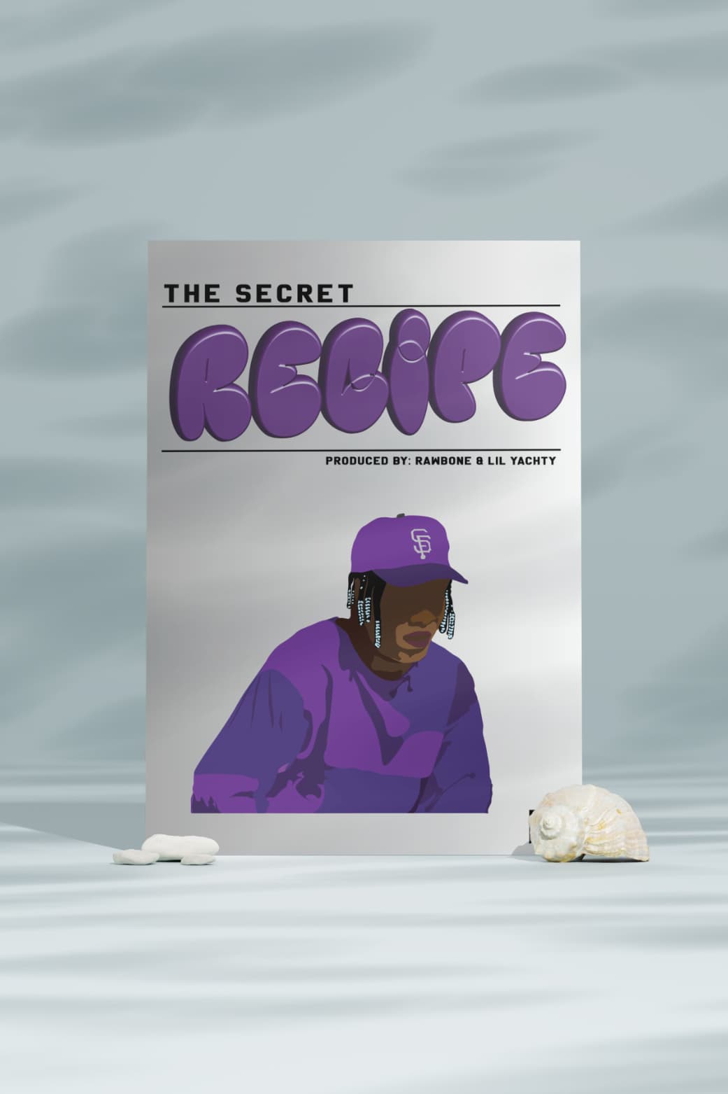 A poster with the title "THE SECRET RECIPE" in bold, purple letters. The poster features a portrait of a person wearing a purple outfit and a baseball cap, with the letters "SF" on the front. The text "PRODUCED BY: RAWBONE & LIL YACHTY" is also included.