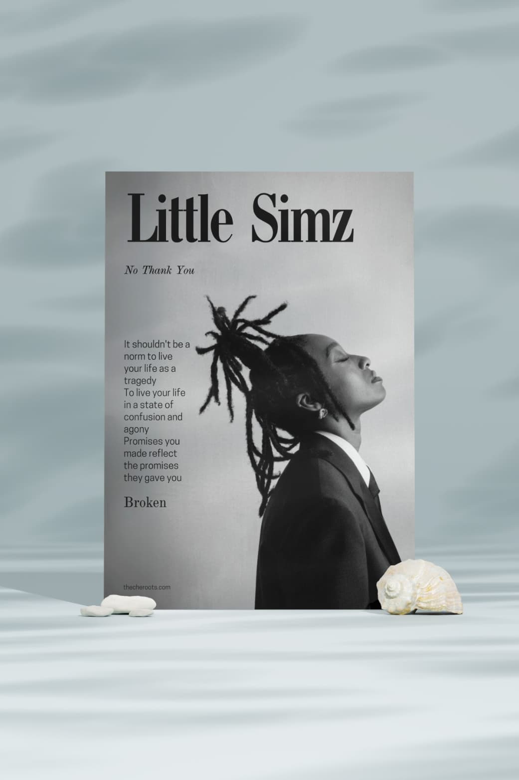 A black and white poster featuring Little Simz, a British rapper and singer-songwriter. The poster includes the title "No Thank You" and a quote about living a life free from tragedy, confusion, and broken promises.