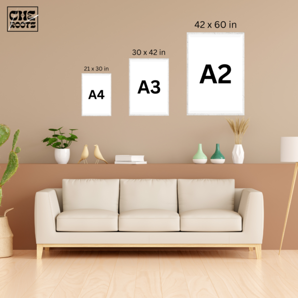three poste mockups (size a2,a3,a4) shown hanging on a wall behind a sofa in a nice living room setup