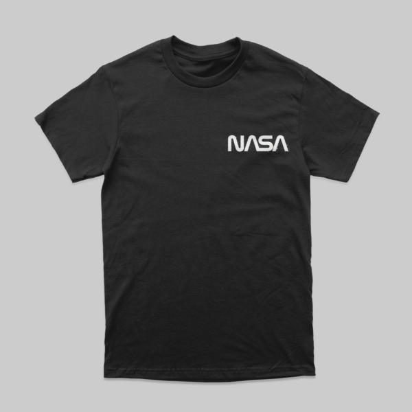 comfy black tshirt, with dtf print, print spells nasa in white text.