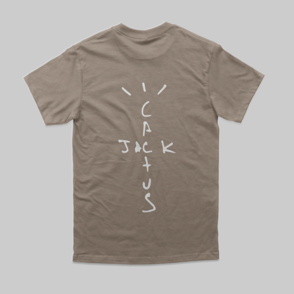 comfy taupe tshirt, with dtf print, print spells cactus jack in white letters, in artistic form.