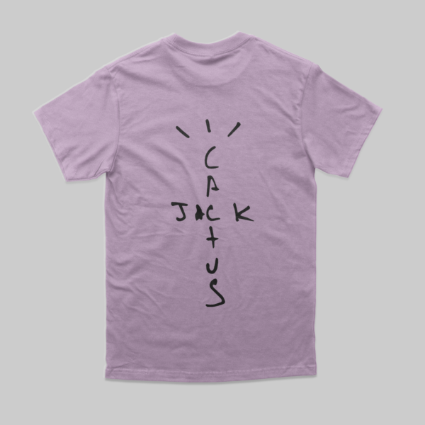 comfy lilac tshirt, with dtf print, print spells cactus jack in black letters, in artistic form.