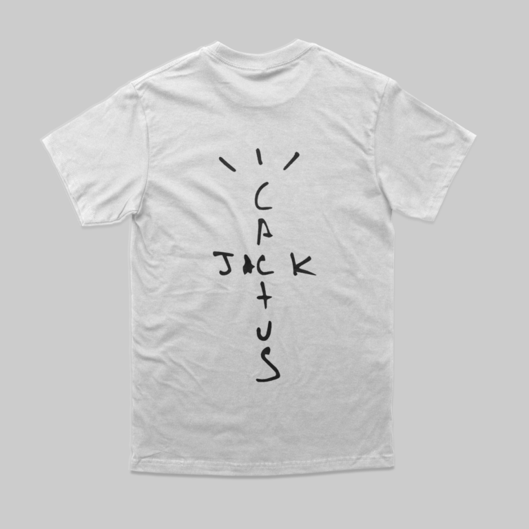 comfy white tshirt, with dtf print, print spells cactus jack in black letters, in artistic form.