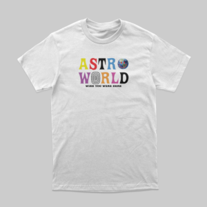 comfy white tshirt, with dtf print, print spells astroworld in colorful letters and an earth symbol.