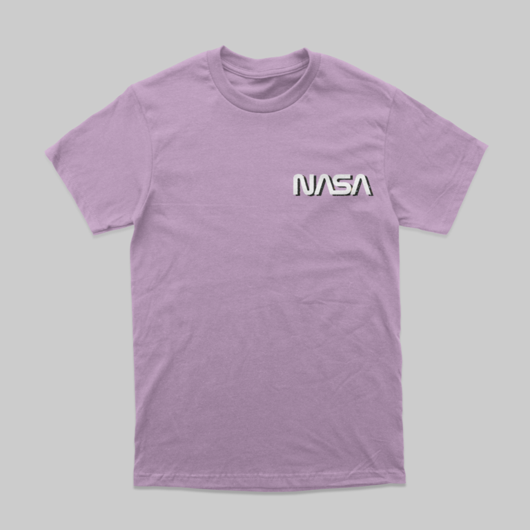 comfy lilac tshirt, with dtf print, print spells nasa in white text.